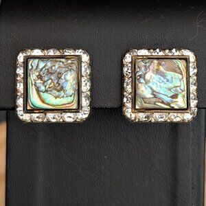 Vintage abalone and rhinestone square clip on earrings